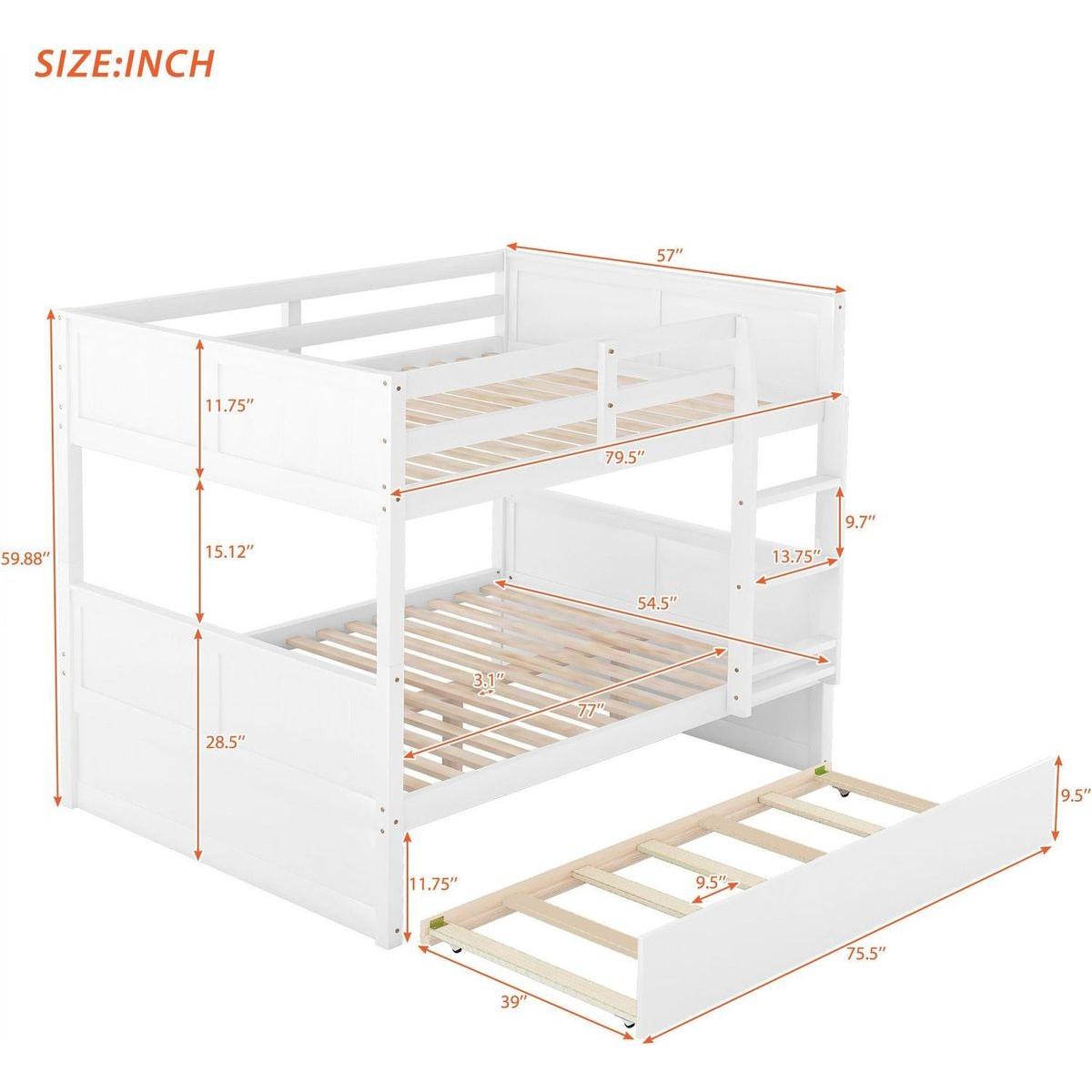 Full Over Full Bunk Bed with Twin Size Trundle, White