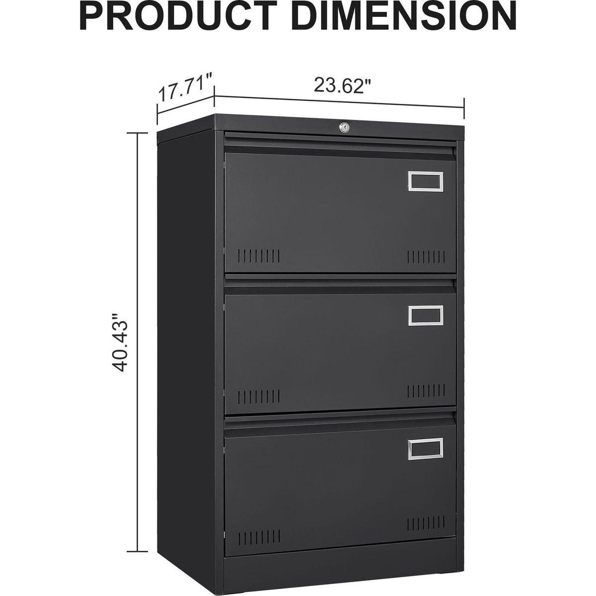 Filing Cabinet Lateral File Cabinet 3 Drawer, Blcak Locking Metal File Cabinets Three Drawer, Office Filing Cabinet with Lock Drawers for Home Office/Legal/Letter/A4/F4