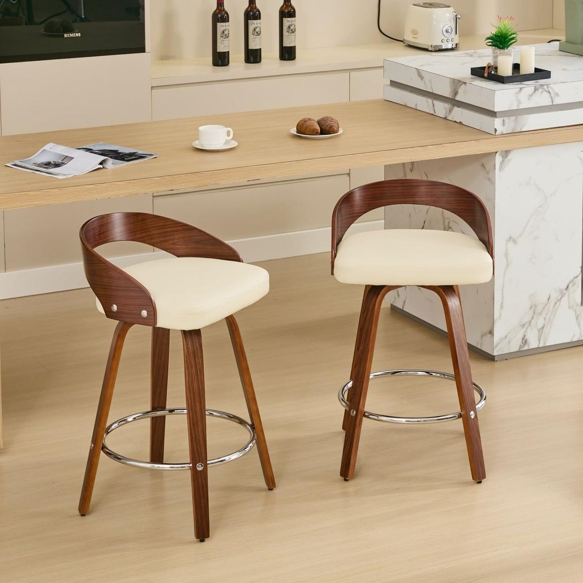 Bar Stools Set of 2, Swivel Bar Height Stools with Low Back, Wood - Main Image