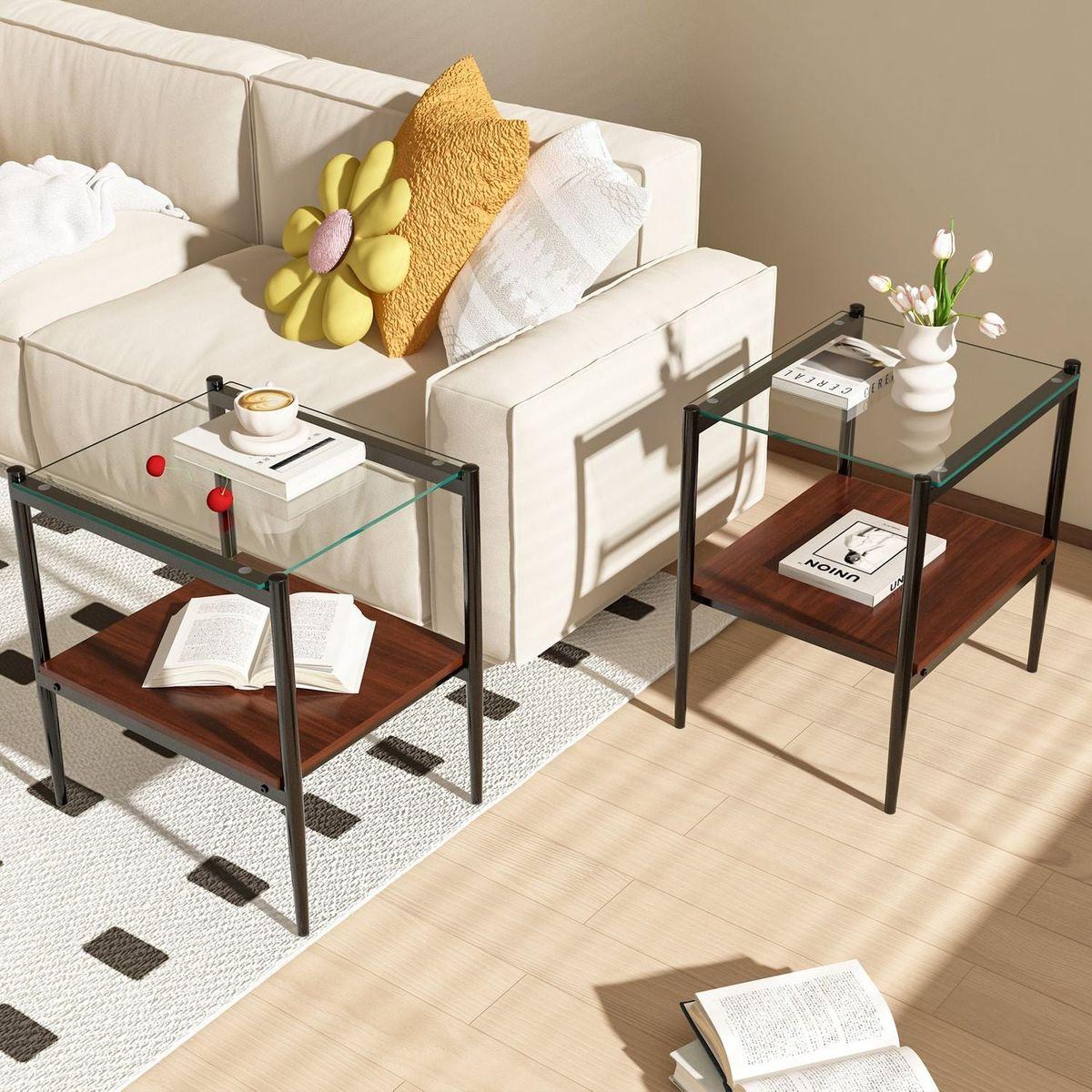 Set of 2 Rectangle End Table, Tempered Glass Tabletop with MDF layer, Modern Table for Living Room, Transparent Glass