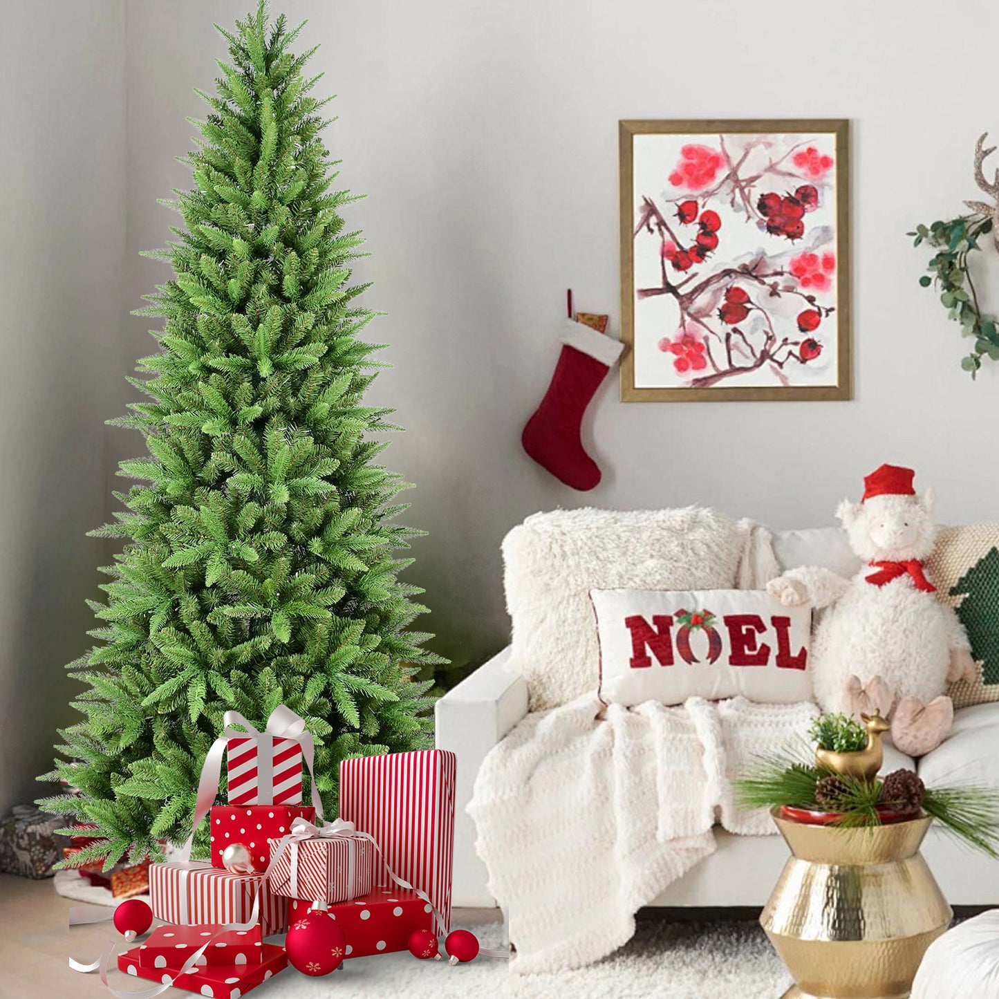 9FT Slim Christmas Tree – 2152 Tips, PE+PVC Branches, Hinged Design for Easy Setup, Stable Metal Stand – Ideal for Corners & Small Spaces