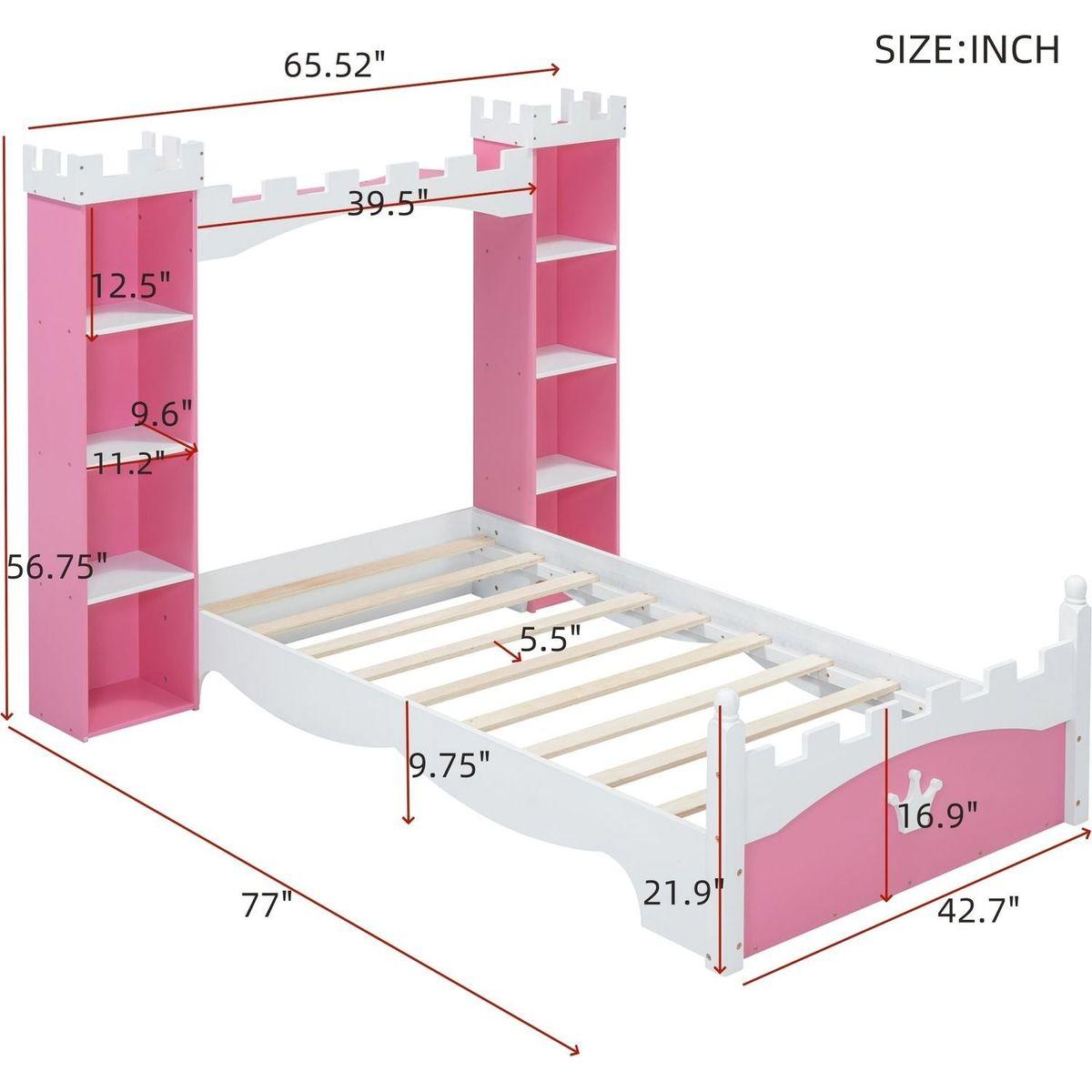 Castle-Shaped Wooden Bed with Storage Shelf, Dreamy Twin Size Platform Bed for Kids Bedroom, Pink+ White