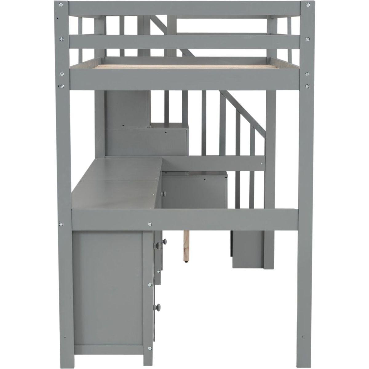 Twin Size Loft Bed Frame with Built-in Desk and Double Storage Drawers,Gray