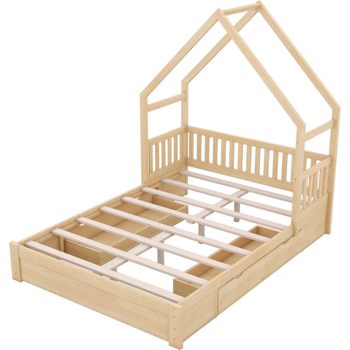Wood Queen Size House Platform Bed with Guardrail and 2 Drawers, Natural