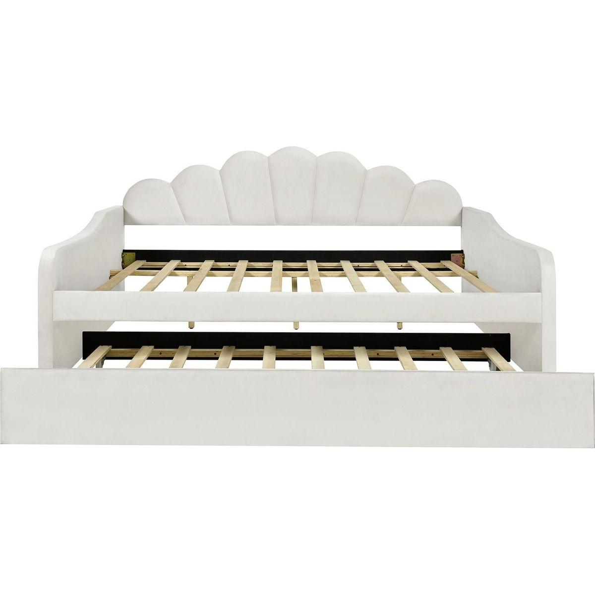 Full Size Upholstery Daybed Frame with Shall Shaped Backrest and Trundle,Beige
