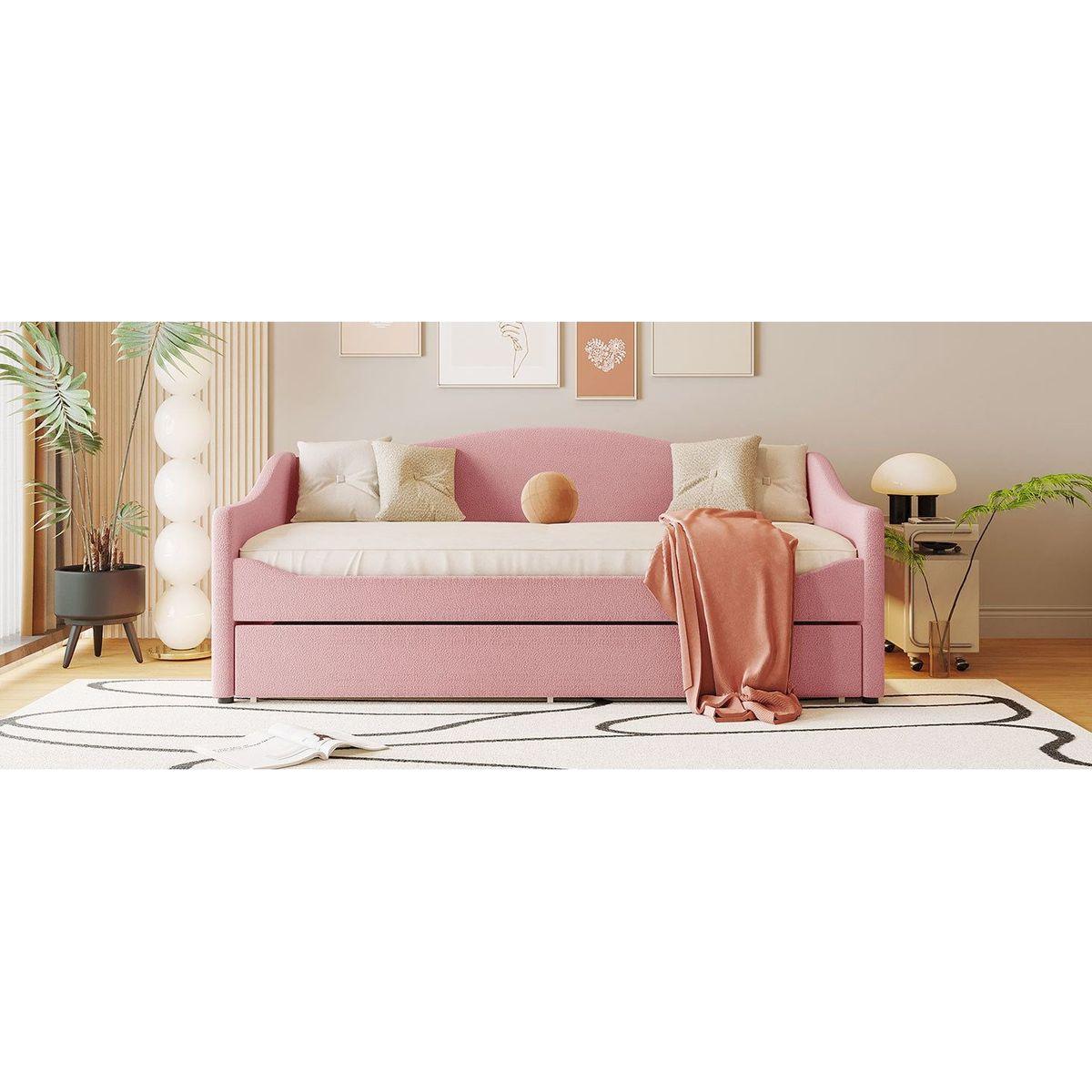 Teddy Fleece Twin Size Upholstered Daybed with Light and Trundle, Pink