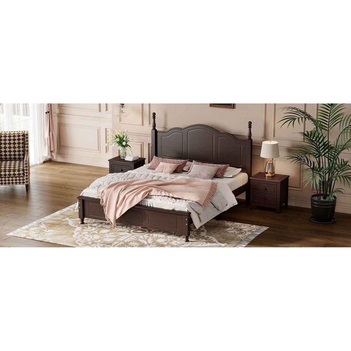 Queen Size Wood Platform Bed Frame,Retro Style Platform Bed with Wooden Slat Support,Dark Walnut