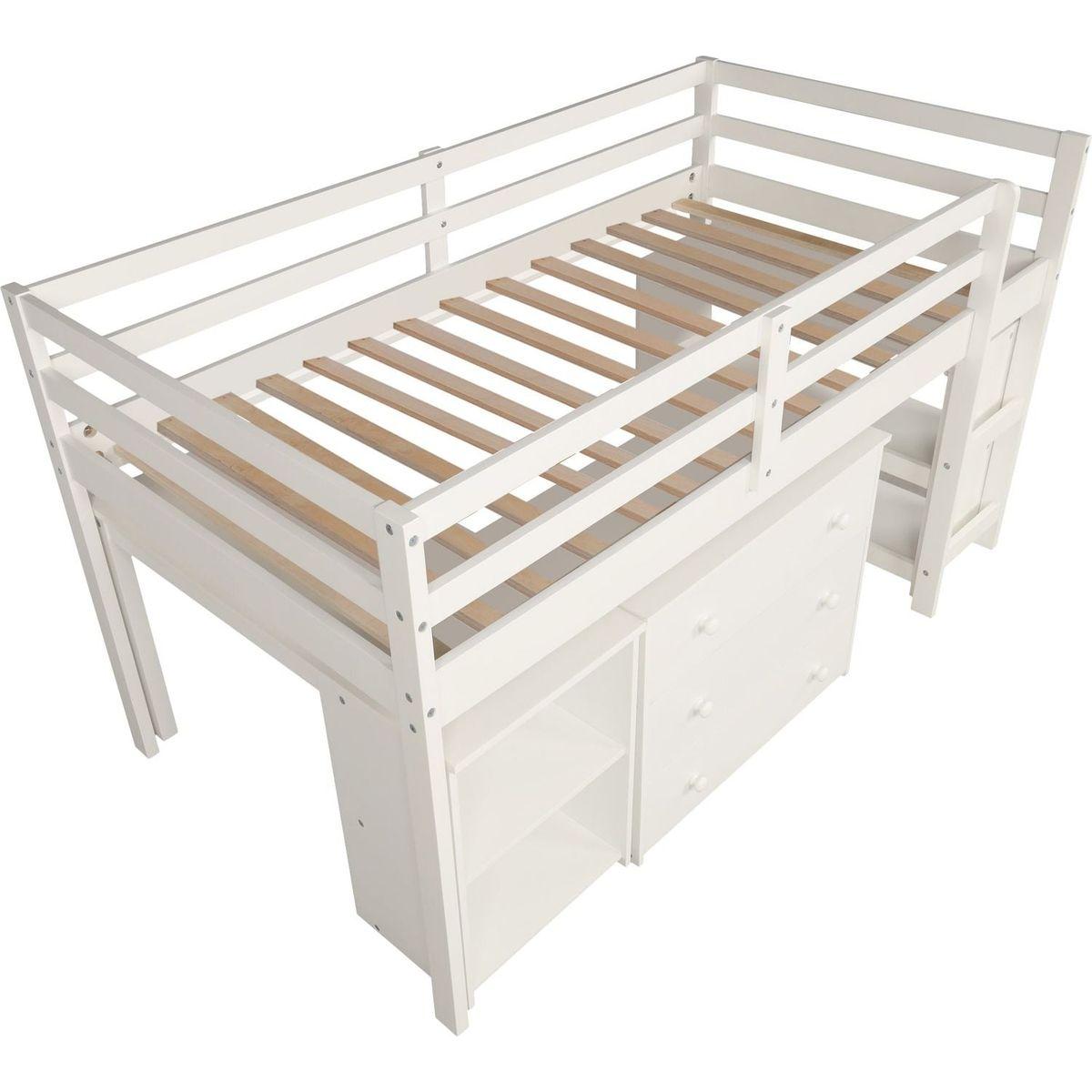 Low Study Twin Loft Bed with Cabinet and Rolling Portable Desk - White