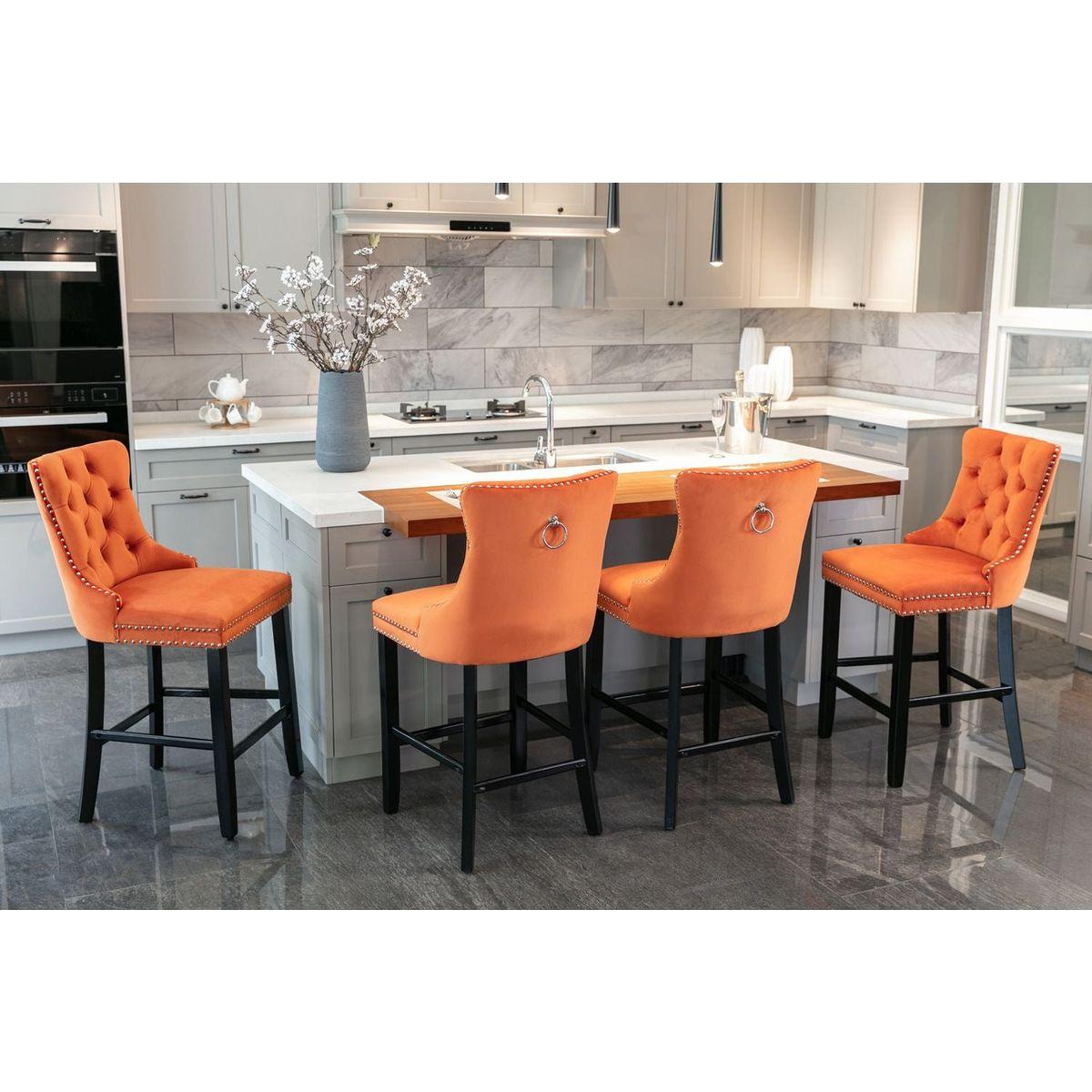 Contemporary Velvet Upholstered Barstools with Button Tufted Decoration and Wooden Legs, and Chrome Nailhead Trim, Leisure Style Bar Chairs,Bar stools, Set of 2 (Orange)