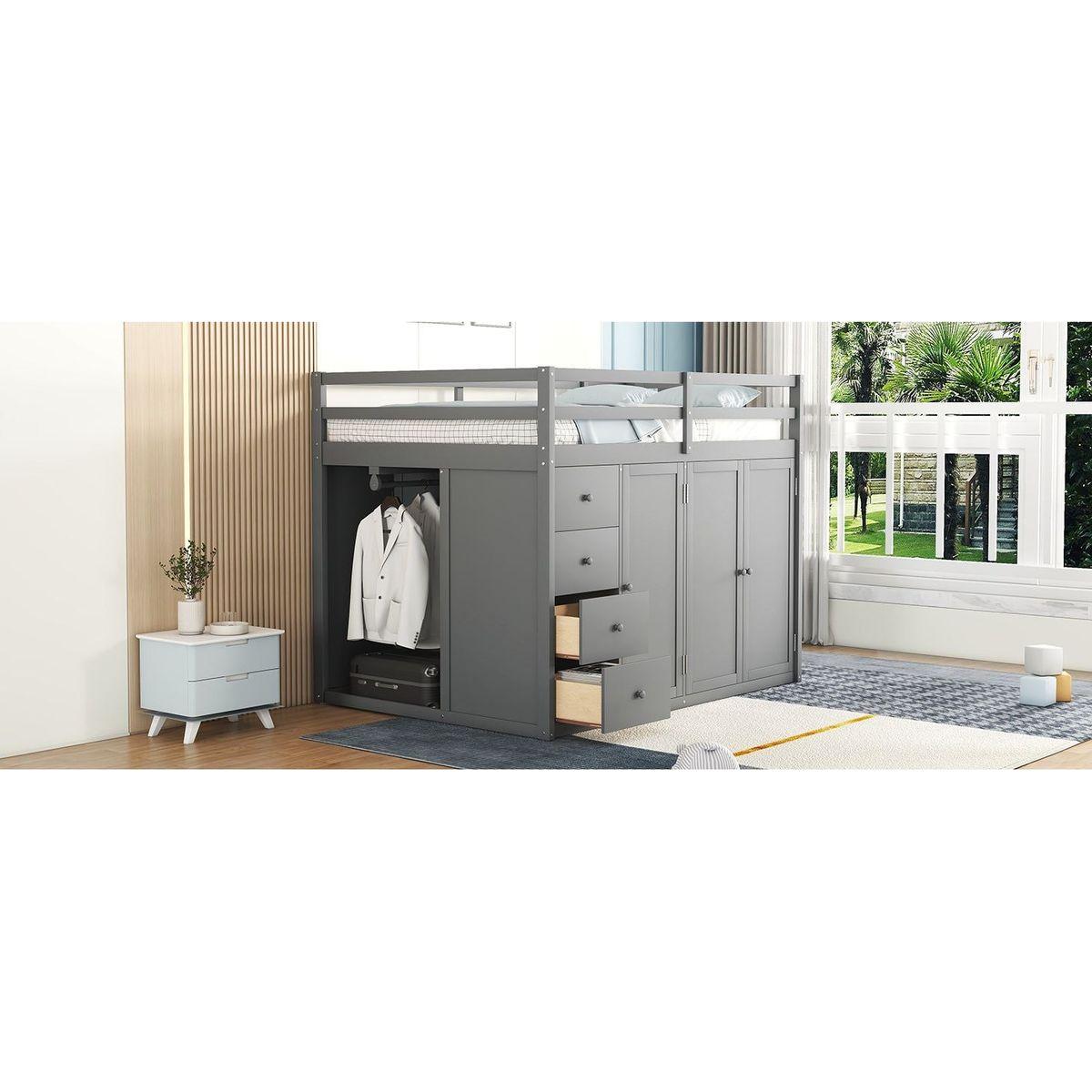 Full Size Wood Loft Bed With Built-in Wardrobes, Cabinets and Drawers, Gray