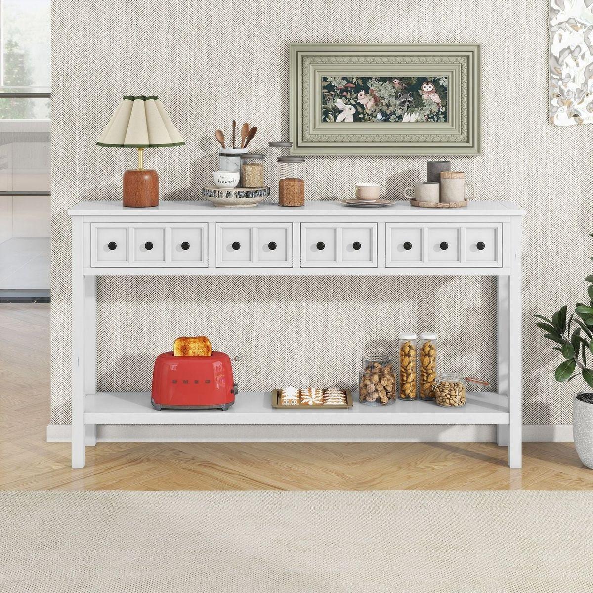 Rustic Entryway Console Table, 60" Long Sofa Table with two Different Size Drawers and Bottom Shelf for Storage (Antique White)