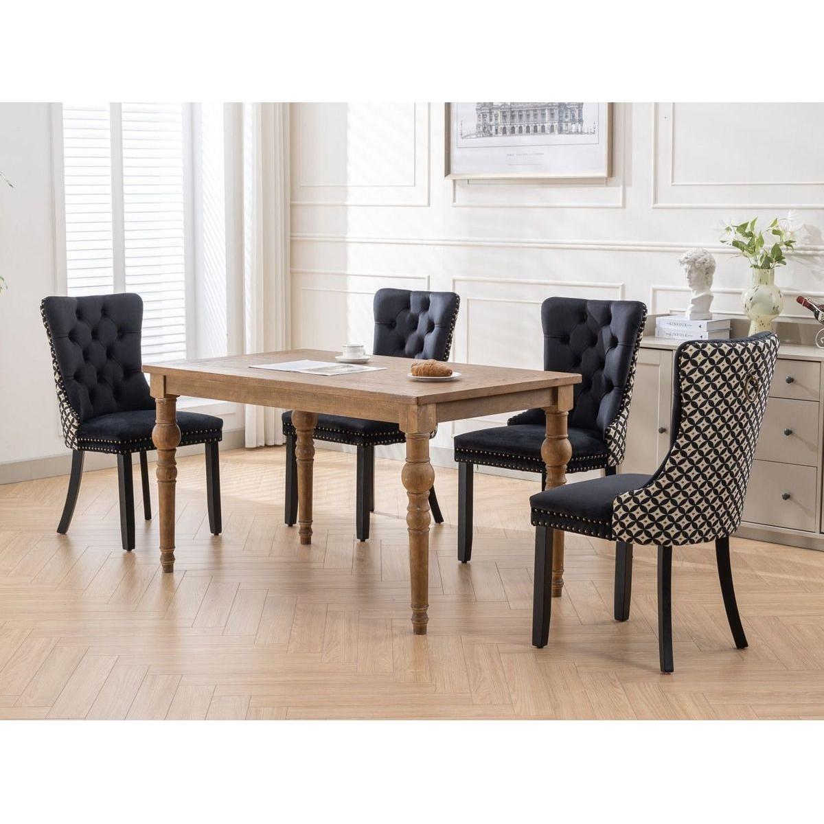 Classic Velvet Dining Chairs, High-end Tufted Solid Wood Contemporary Velvet Upholstered Dining Chair with Wood Legs Nailhead, SET OF 2,Black and Patterned