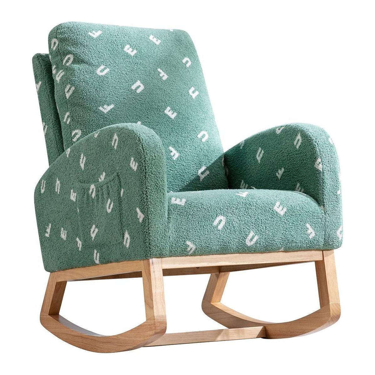 26.8"W Modern Rocking Chair for Nursery, Mid Century Accent Rocker Armchair With Side Pocket, Upholstered High Back Wooden Rocking Chair for Living Room Baby Kids Room Bedroom, Green Boucle