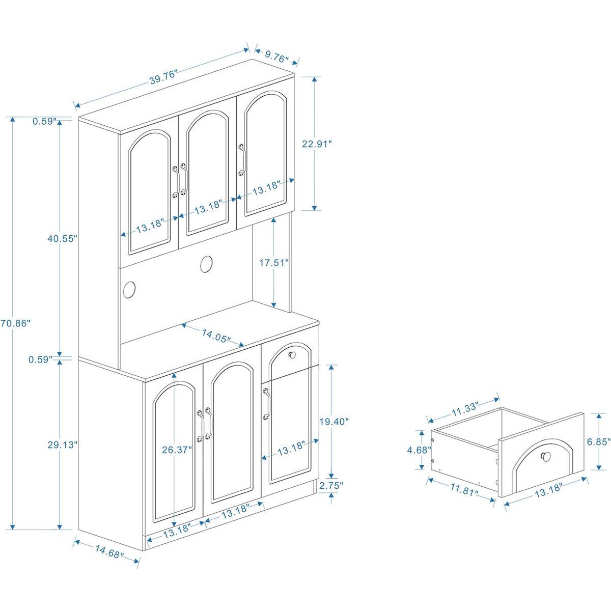 71" Kitchen Pantry Storage Cabinet with Microwave Oven Countertop, Freestanding Hutch Cabinet with Adjustable Shelves, 6 Doors and 1 Drawer-White