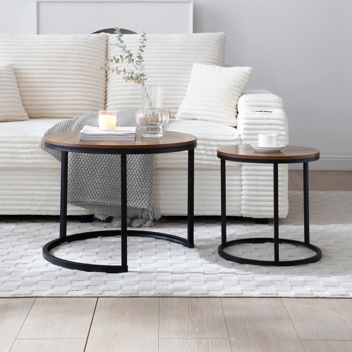 Set of 2 Coffee Table Nesting Side Round End Table Top Sturdy Metal Frame Desk Centerpiece Living Room Bedroom Apartment Modern Industrial Simple Nightstand