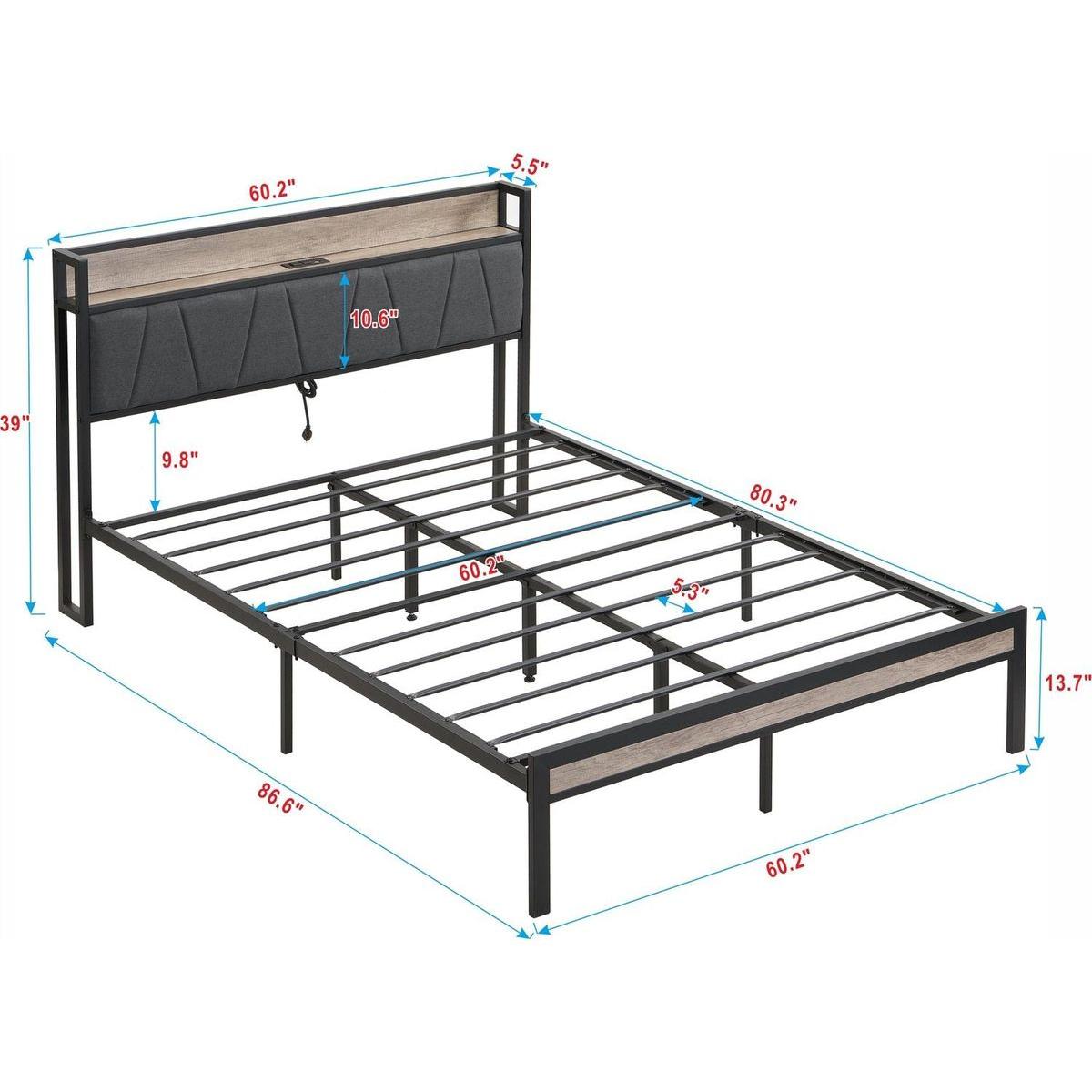 Queen Size Metal Platform Bed Frame with upholstery storage function Headboard and USB LINER and Footboard, No Box Spring Needed, Large Under Bed Storage, Easy Assemble
