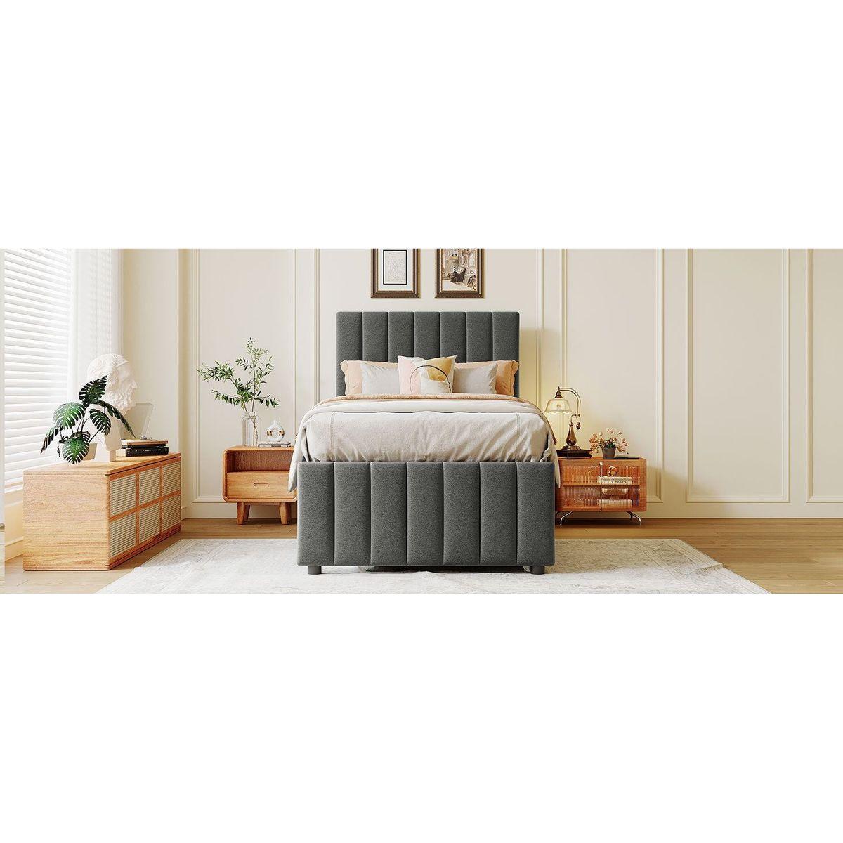 Twin Size Upholstered Platform Bed with Trundle and 3 Drawers, Linen Fabric, Gray