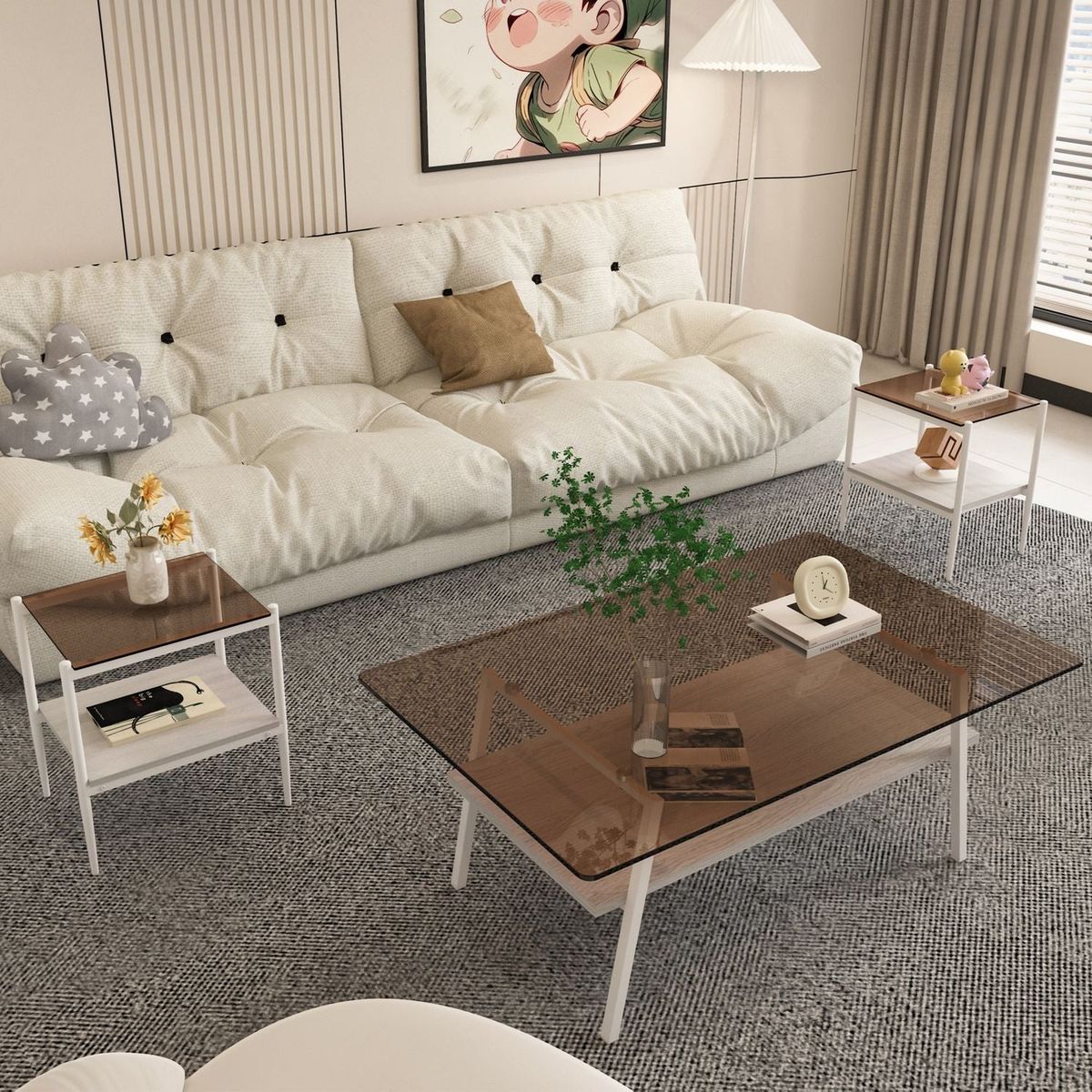 Coffee Table and End tables Set of 3, Tempered Glass Table with MDF layer, Modern Tables for Living Room , Brown Glass