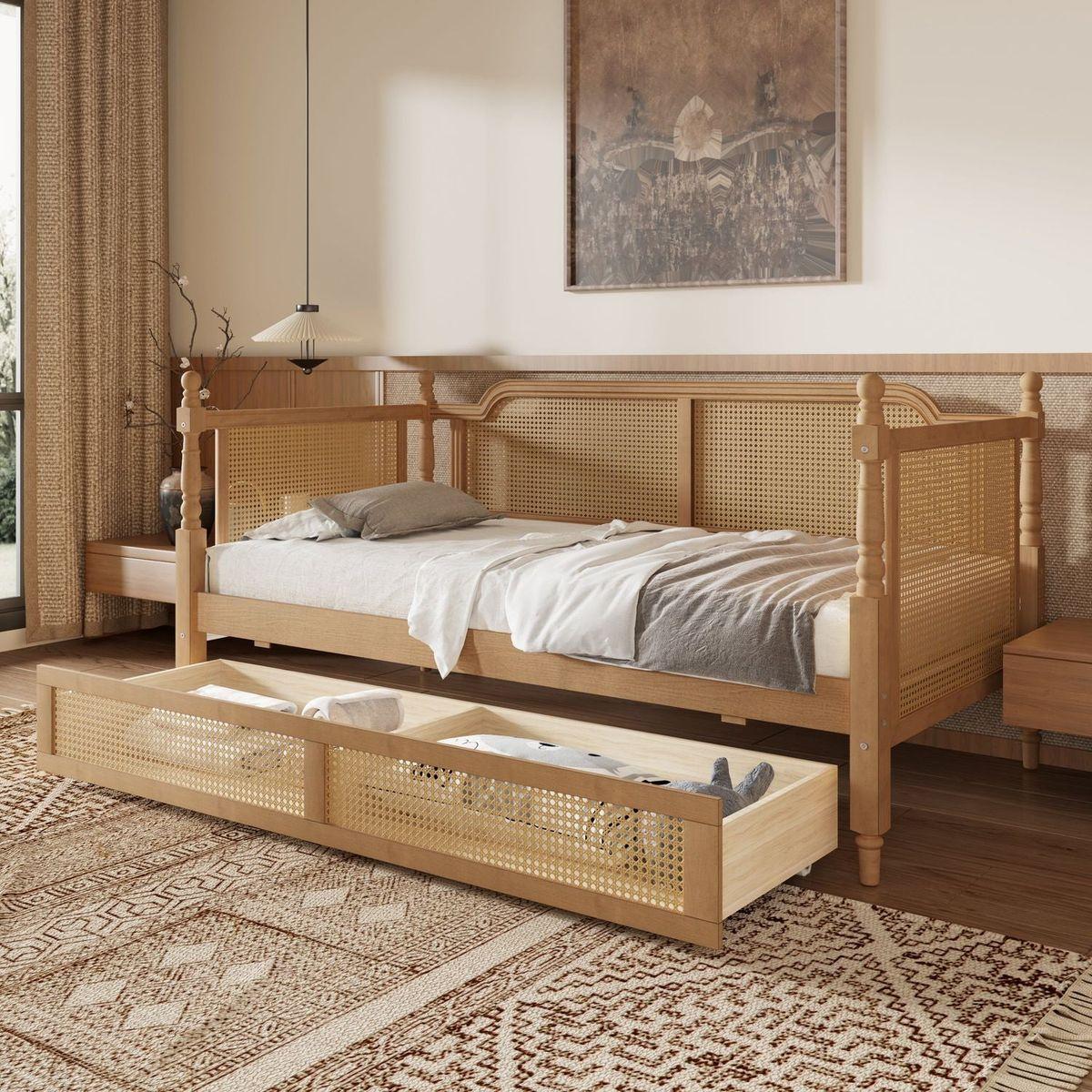 Traditional Style Rattan Twin Size Daybed with 2 Drawers for Limited Space, Guest Room, No Box Spring Needed,Antique Walnut