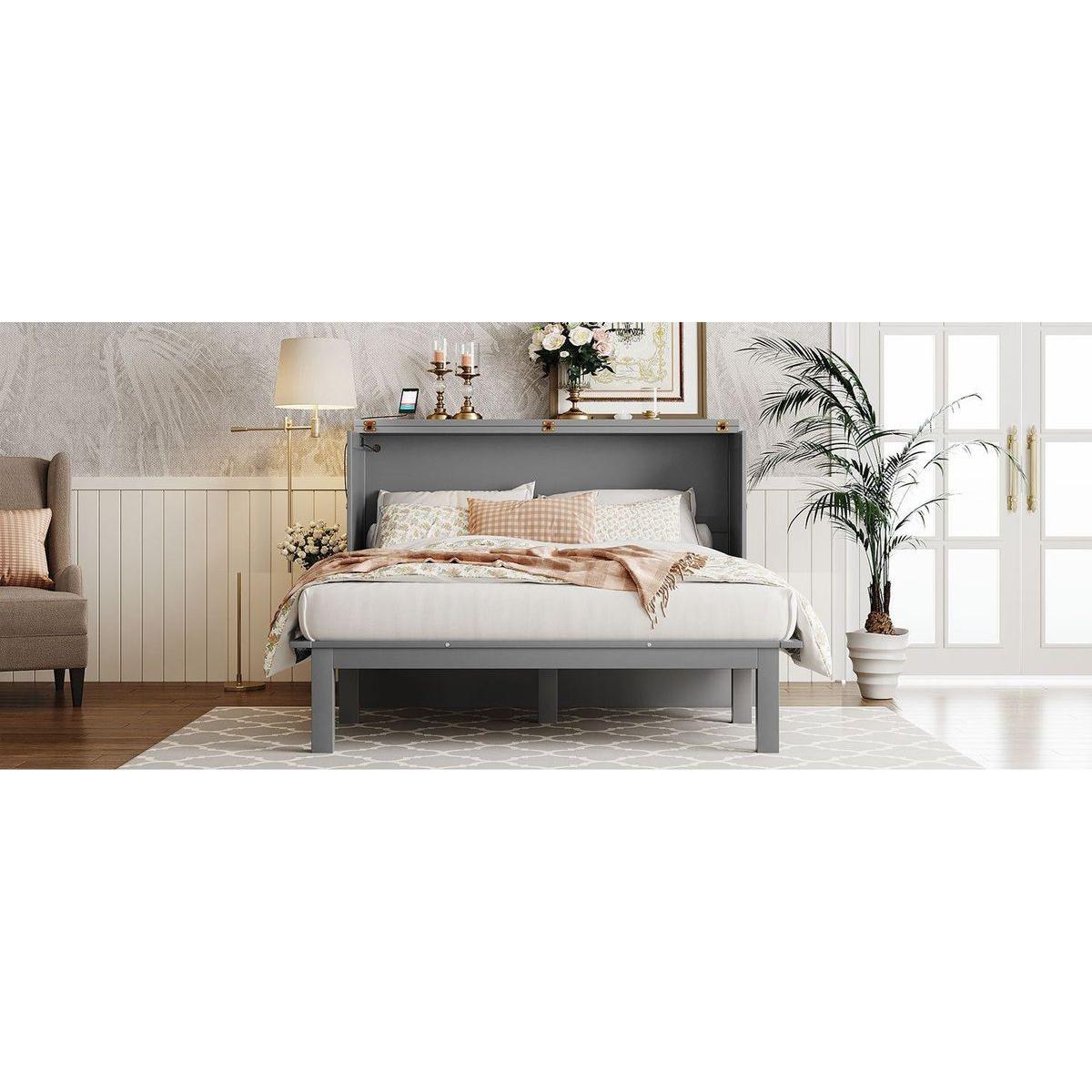 Queen Size Murphy Bed with USB Port and removable Shelves on Each Side,Gray