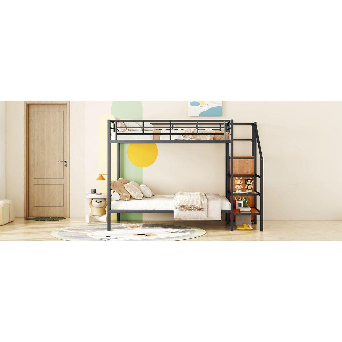 Full Over Full Metal Bunk Bed with Lateral Storage Ladder and Wardrobe, Black