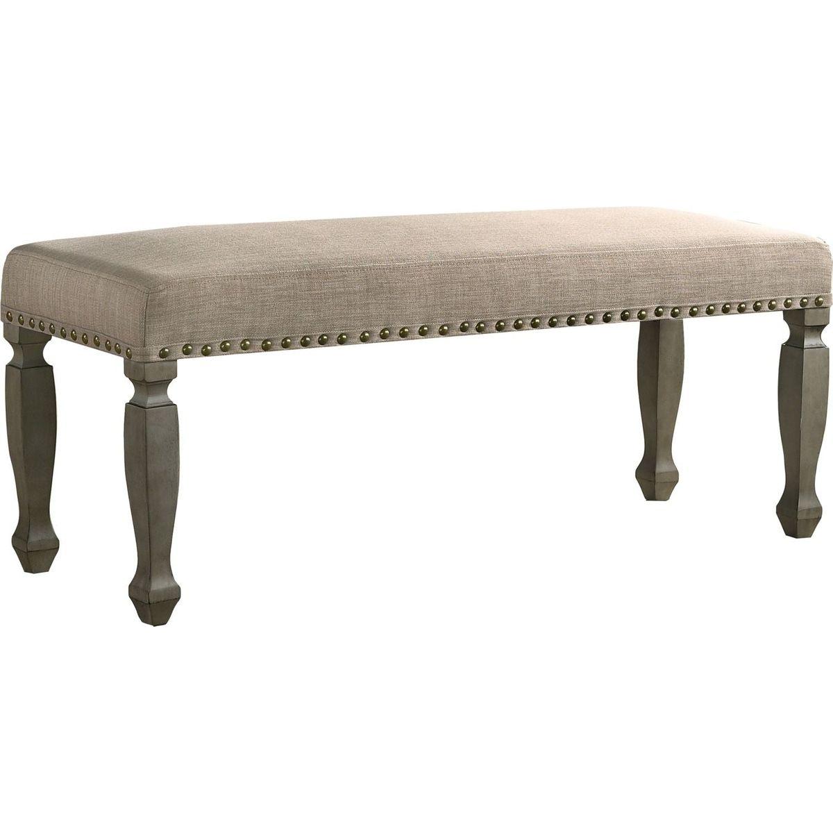 Breda Antique Gray Finish Upholstered Nailhead Bench