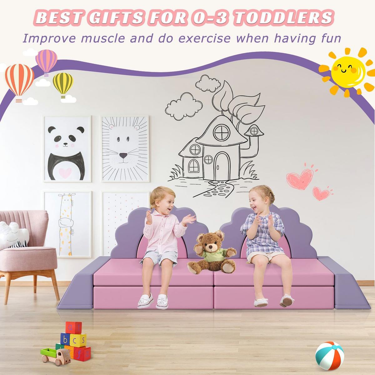 10PCS Kids Couch for Playroom, Baby Climbing and Crawl Foam Play Set, Foam Climbing Blocks Convertible Sofa, Kids Play Couch, Indoor Climbing Structure for Toddlers, Infant, Kids, Pre-school