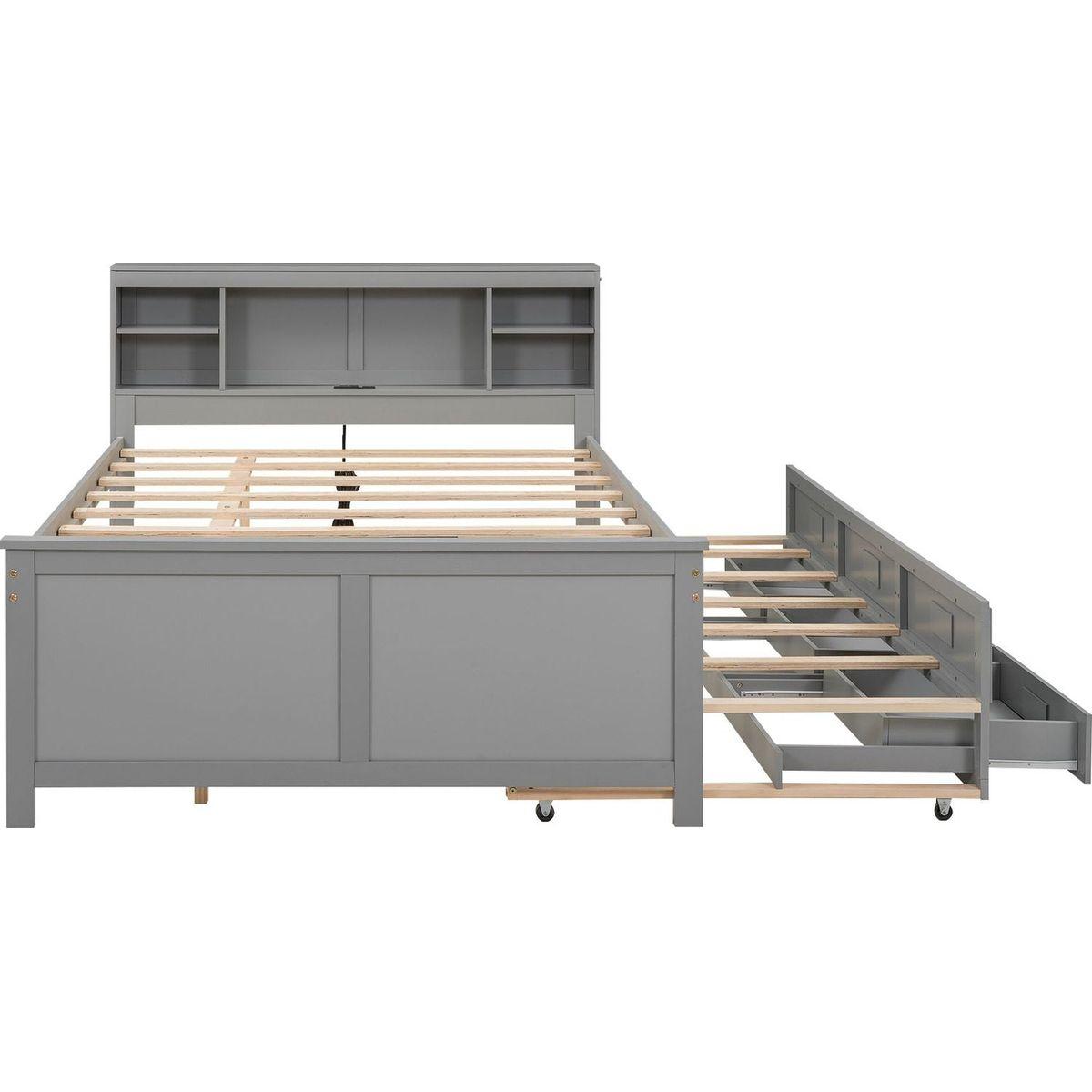 Full Size Platform Bed with Storage Headboard, USB, Twin Size Trundle and 3 Drawers, Gray