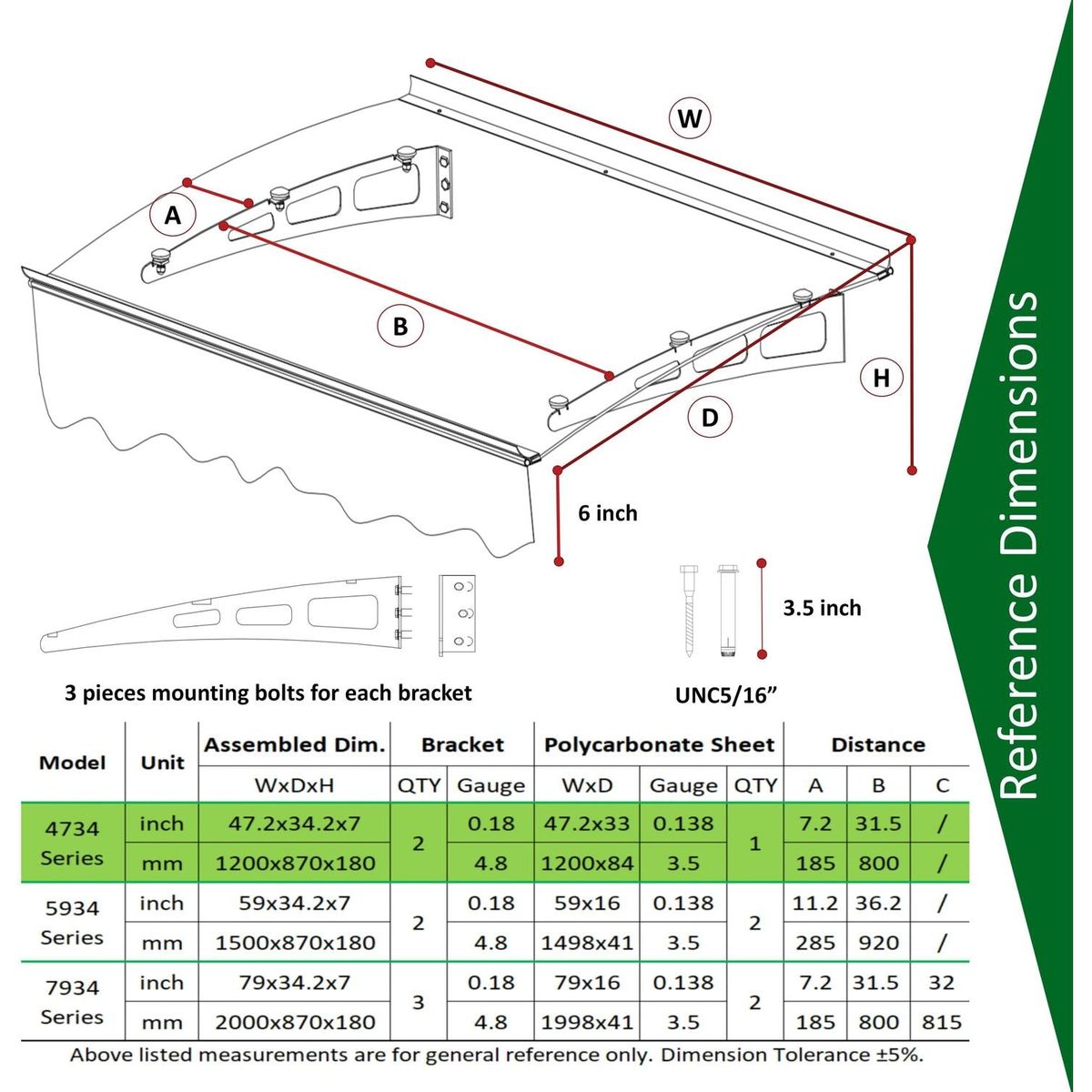 GarLUGH DA4734C Series Door Window Awning Made of 0.137 Inch Thick Crystal Solid Polycarbonate Sheet and Aluminum Alloy with Valance in size of 47" Wide x 34" Deep for Masonry Concrete Wall