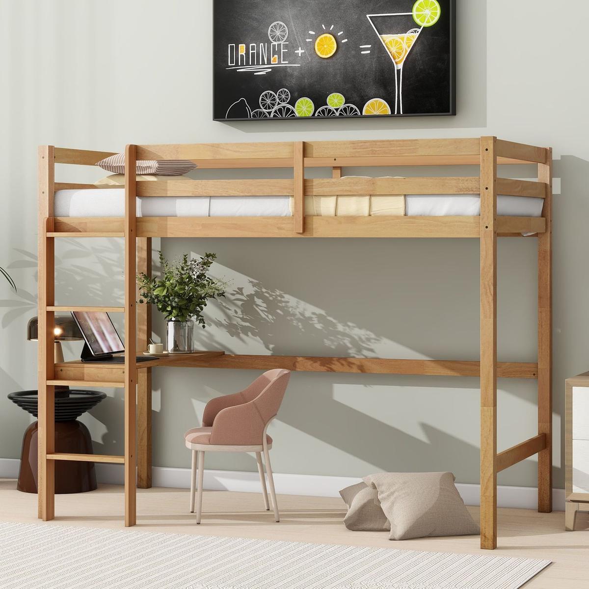 Twin High Loft Bed, Rubber Wood Loft Bed with Safety Guardrail, built-in desk, ladder,White Oak