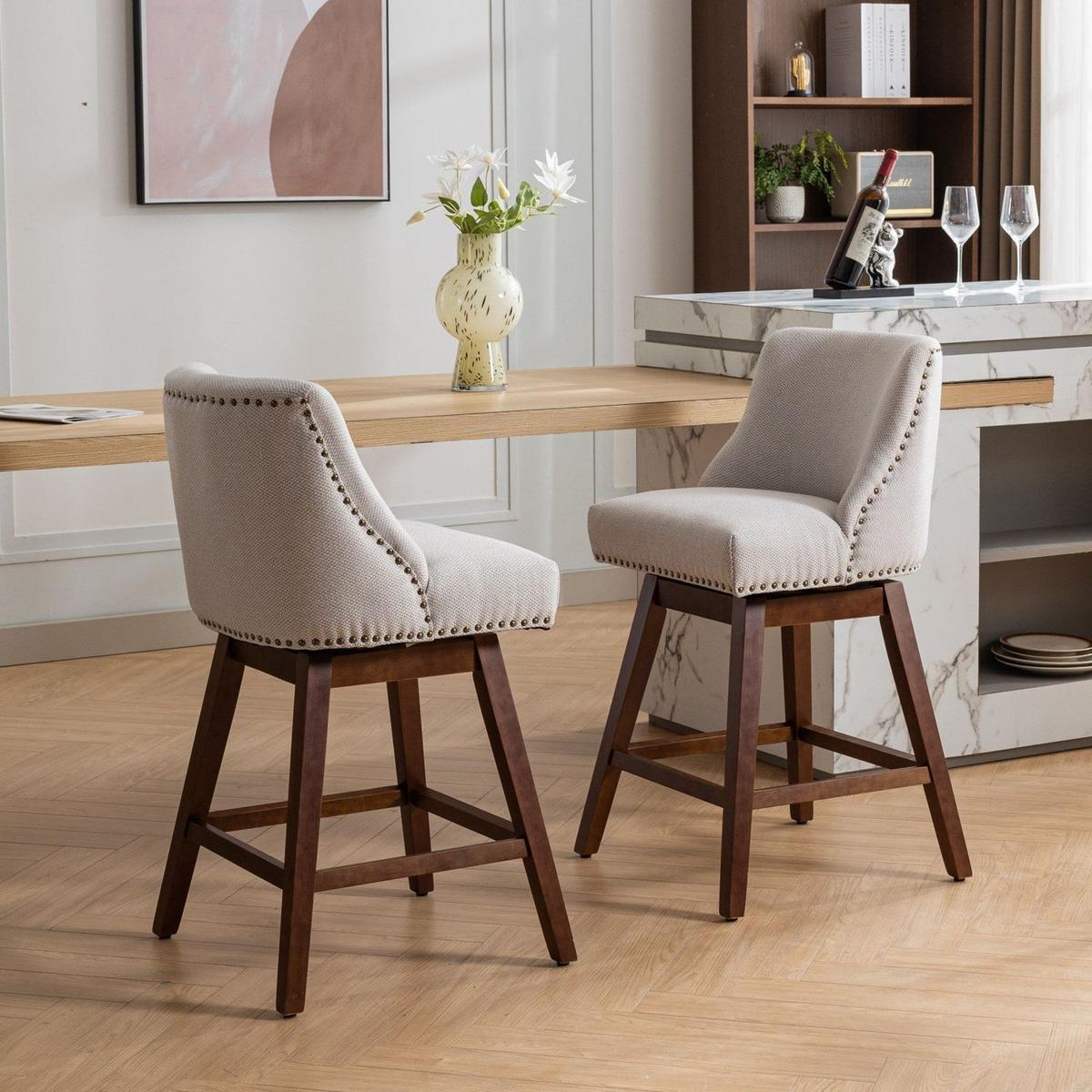 Counter Height Swivel Barstools, 26" H Seat Height Upholstered Bar Stools Set of 2, Fabric in Ivory - Streamdale Furniture