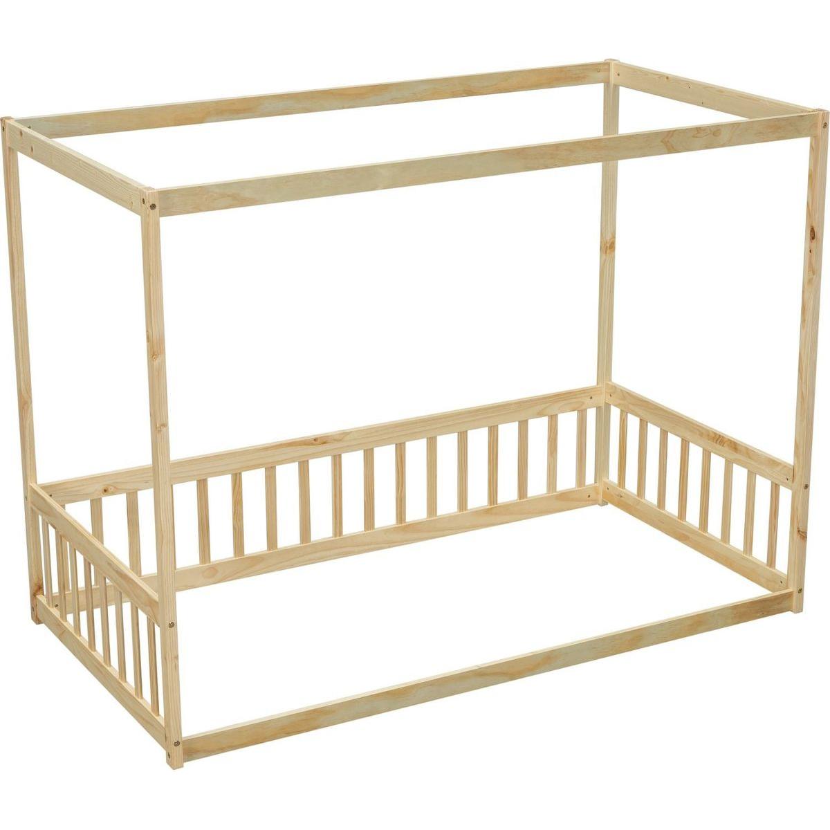 Twin Size Canopy Frame Floor Bed with Fence, Guardrails,Natural