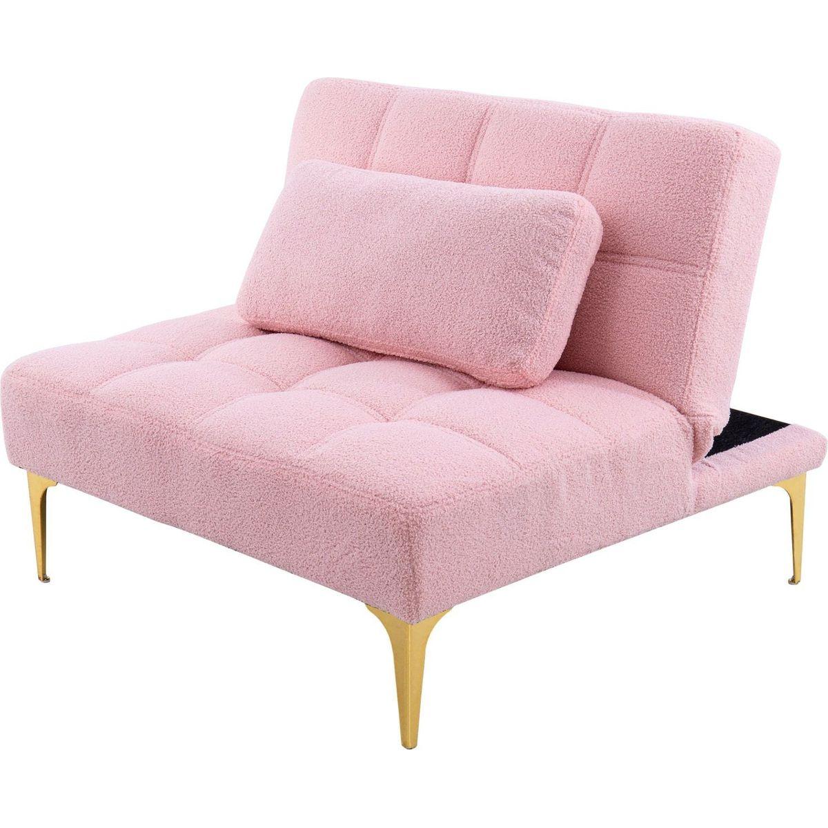 Convertible single sofa bed futon with gold metal legs teddy fabric (Pink)