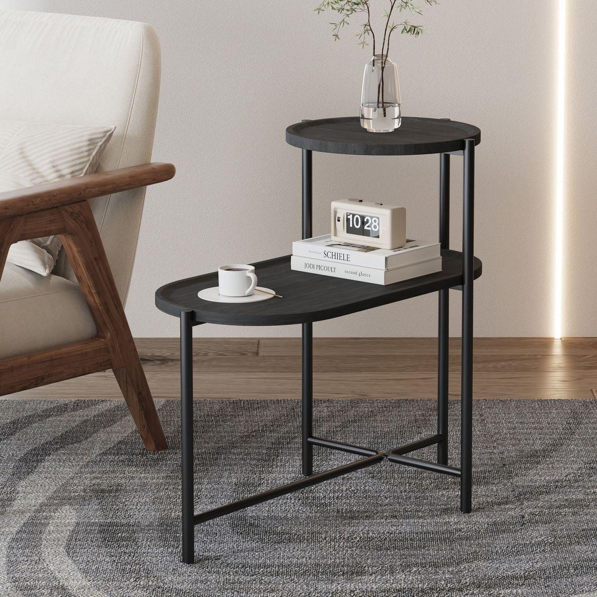 Round Coffee Table with Storage Tray 2 Tier Oval End Tables Wooden Small Side Table for Living Room (Black) - Streamdale Furniture