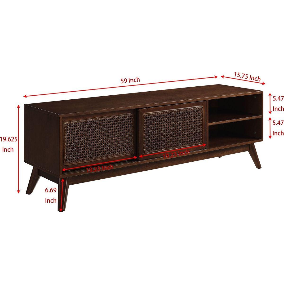 59 Inch Mid Century Modern Rattan TV Stand for 65 Inch TV, Entertainment Cabinet, Media Console for Living Room Bedroom Media Room, Solid Wood Feet & Rattan Cabinet Doors - Dark Wood