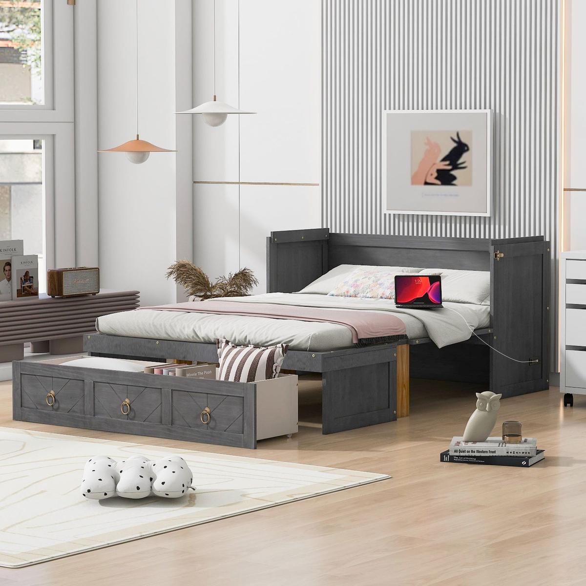 Full Size Murphy Bed with USB Port and a Large Drawer, Gray