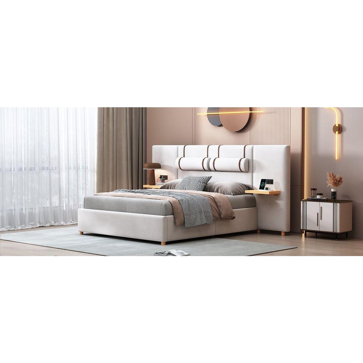 Queen Size Upholstered Platform Bed, Two Outlets and USB Charging Ports on Both Sides, Two Bedside Pillows, Storage Shelves,Velvet, Beige