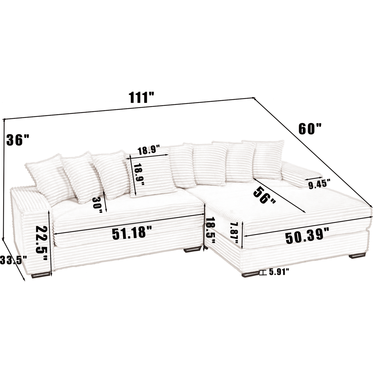 Oversized Two-Piece Couches, L Shaped Sofa, Corduroy, Right Chaise Daybed,with Armrests,Eight Throw Pillows,Corner Sofa,Easy To Assemble, Green