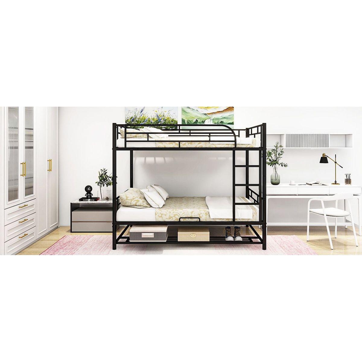 Full Over Full Metal Bunk Bed with Shelf and Guardrails, Black