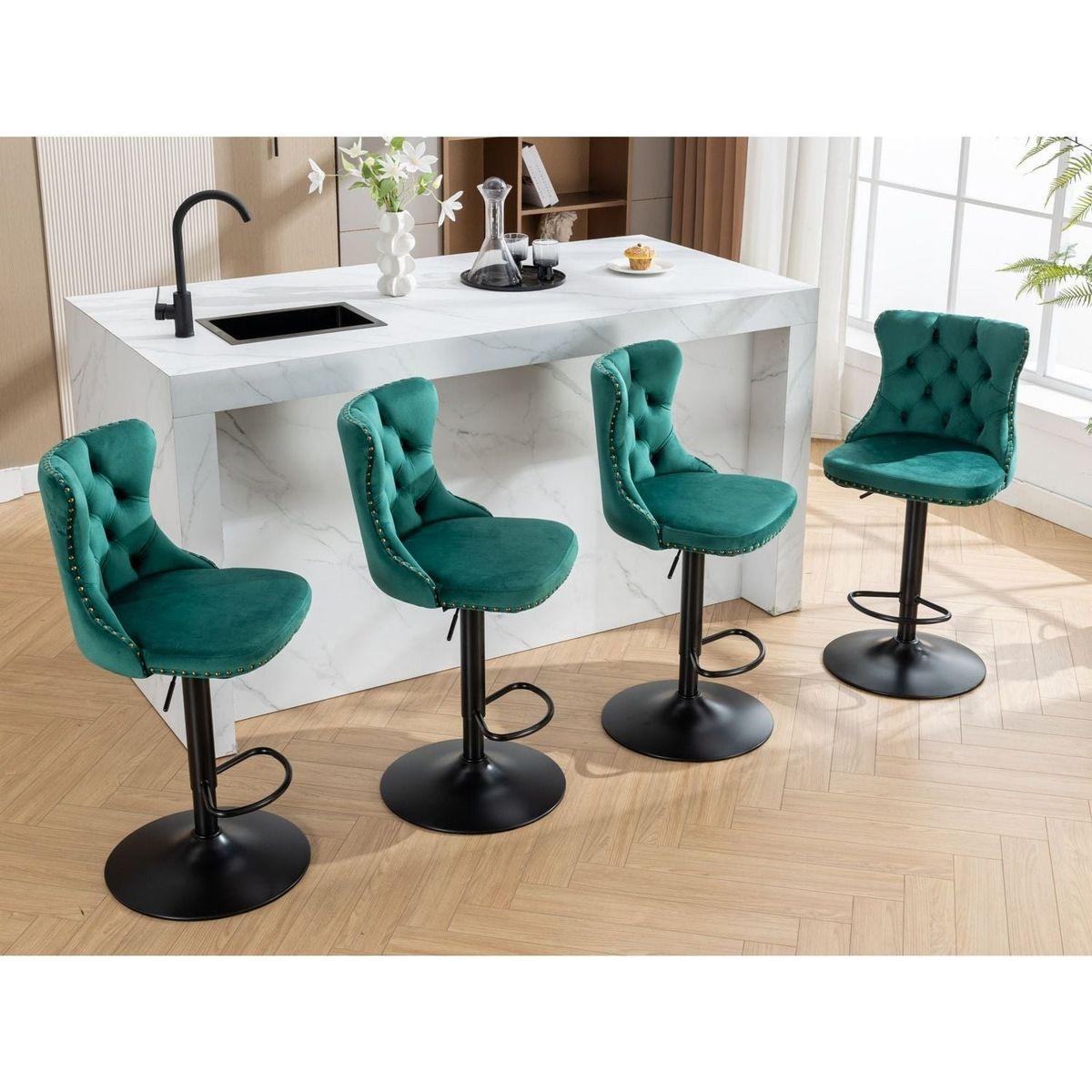 Swivel Velvet Barstools Adjusatble Seat Height from 25-33 Inch,17.7inch base, Modern Upholstered Bar Stools with Backs Comfortable Tufted for Home Pub and Kitchen Island,Green,Set of 2