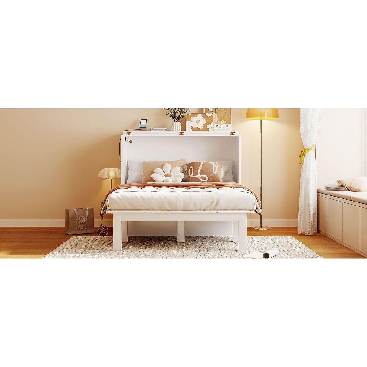 Full Size Murphy Bed with USB Port and removable Shelves on Each Side,White