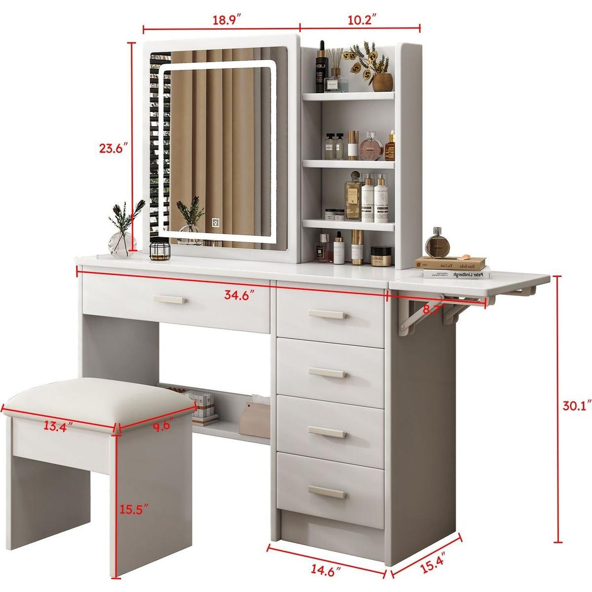 Fashion Vanity Desk with Mirror and Lights for Makeup with open shelves and Chair, Vanity Mirror with Lights and Table Set with 3 Color Lighting Brightness Adjustable, 5 Drawers, White Color