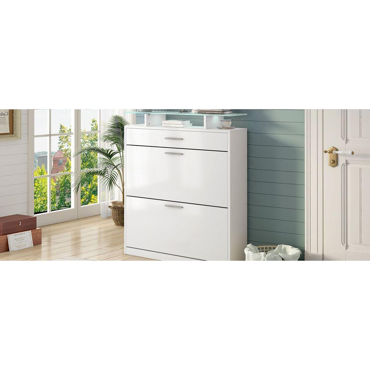 Slim Entryway Organizer with 2 Flip Drawers, Tempered Glass Top Shoe Storage Cabinet with Drawer, Free Standing Shoe Rack with LED Light for Hallway, White