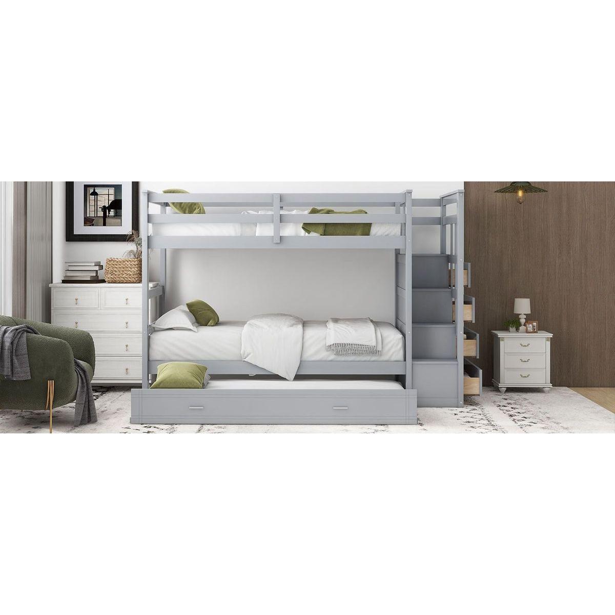Twin Over Twin Bunk Bed with Trundle and Staircase,Gray