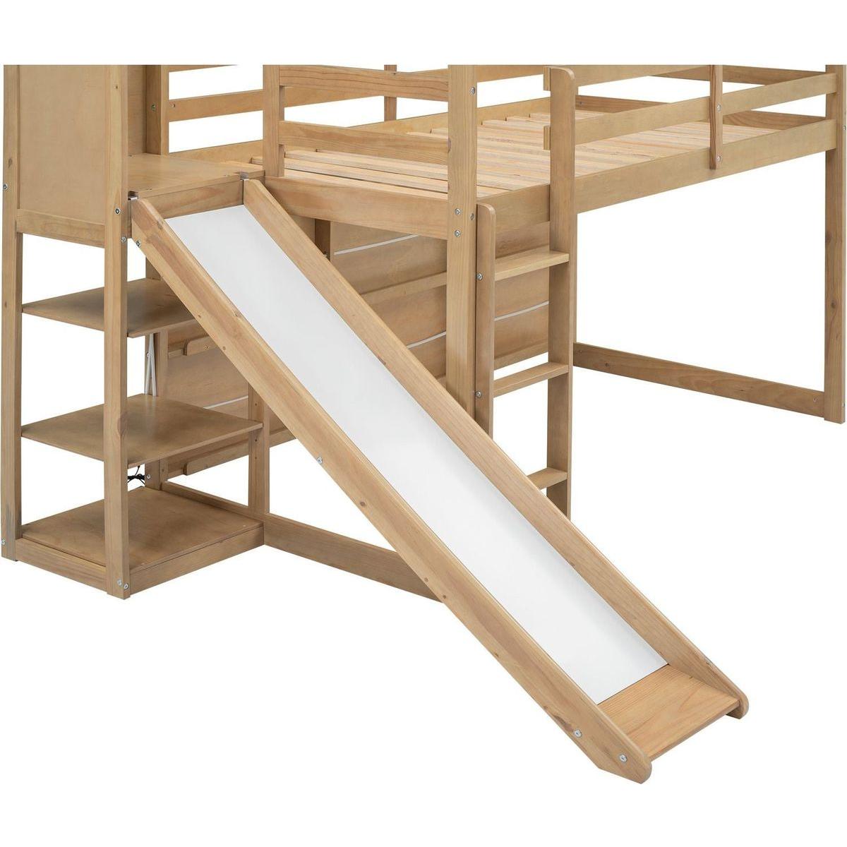 Twin Size Wood House Loft bed with Slide, Storage shelves and Light, Climbing Ramp, Wood Color