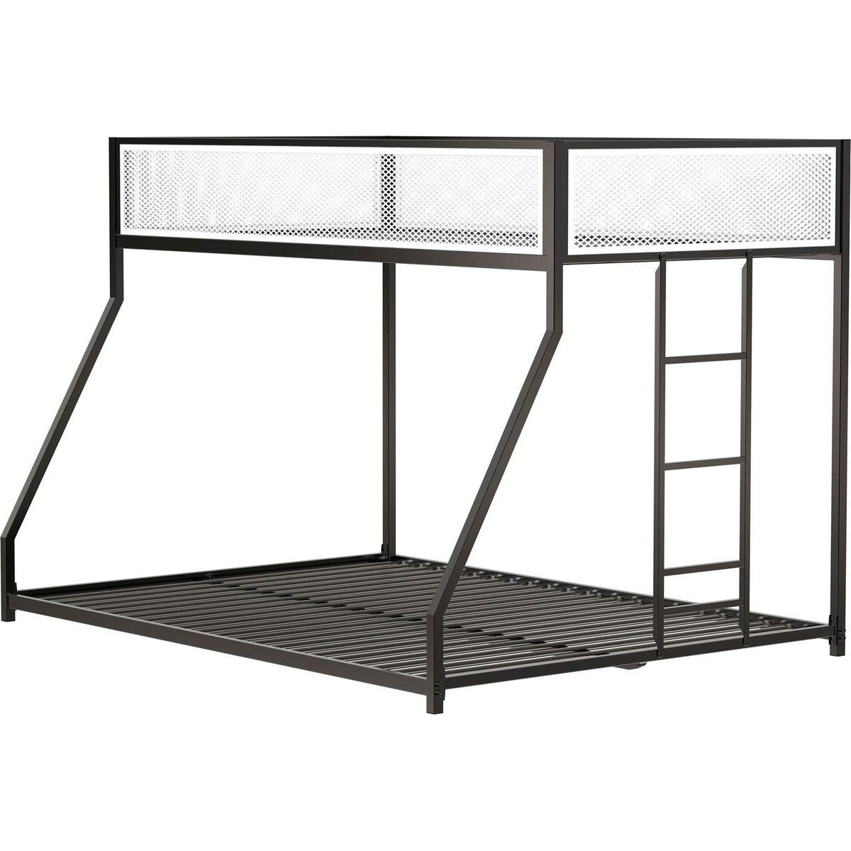 Adam Twin Full Bunk Black with White Mesh Guard Rail for Kids and Adult, Low Profile and Easy Climbing with Stable Ladder
