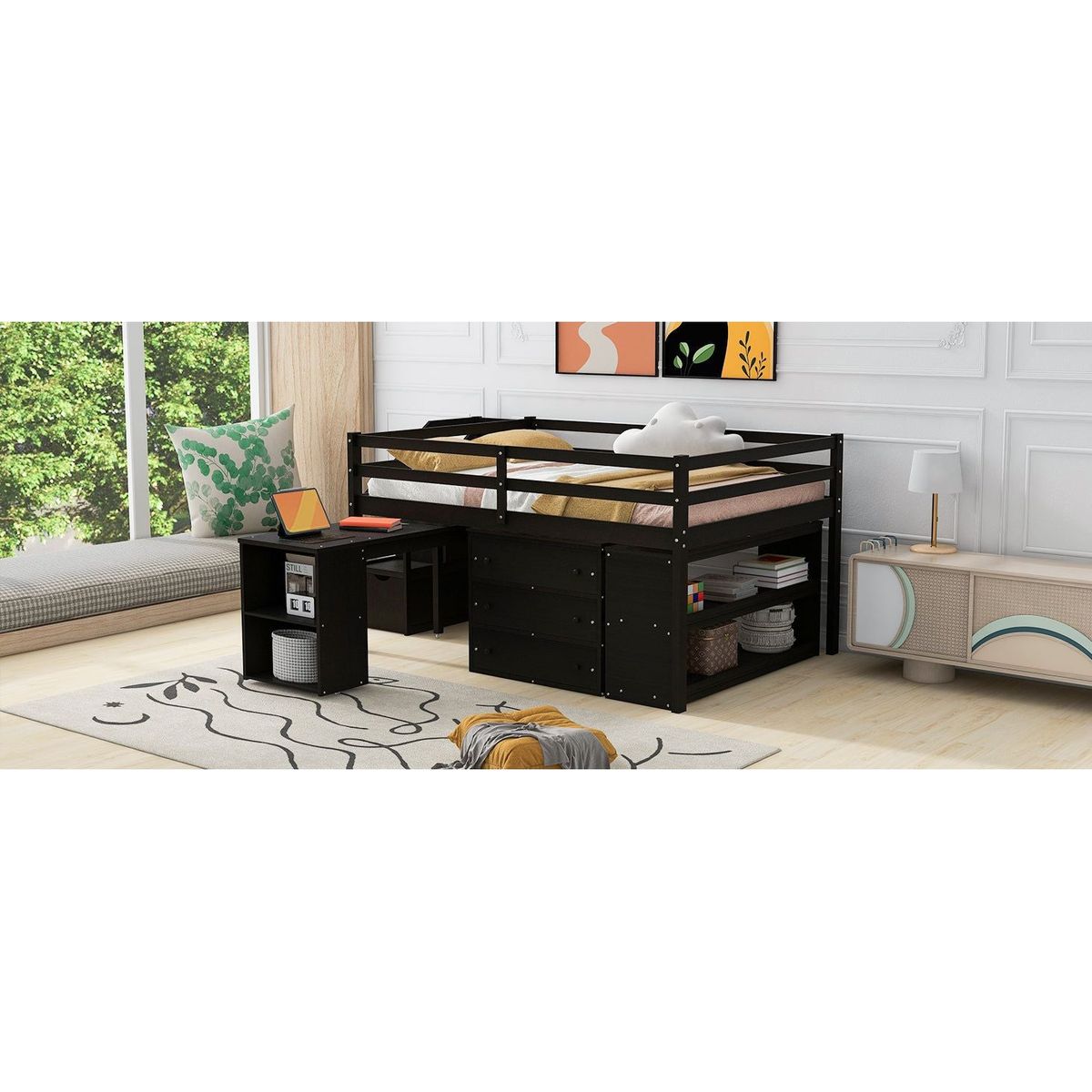 Full Size Loft Bed with Retractable Writing Desk and 3 Drawers, Wooden Loft Bed with Storage Stairs and Shelves, Espresso