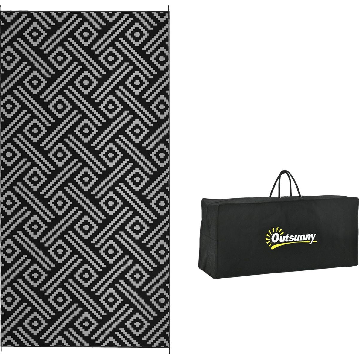 Reversible Outdoor Rug, 9' x 18' Waterproof Plastic Straw Floor Mat, Portable RV Camping Carpet with Carry Bag, Large Floor Mat for Backyard, Deck, Picnic, Beach, Black & Gray Geometric