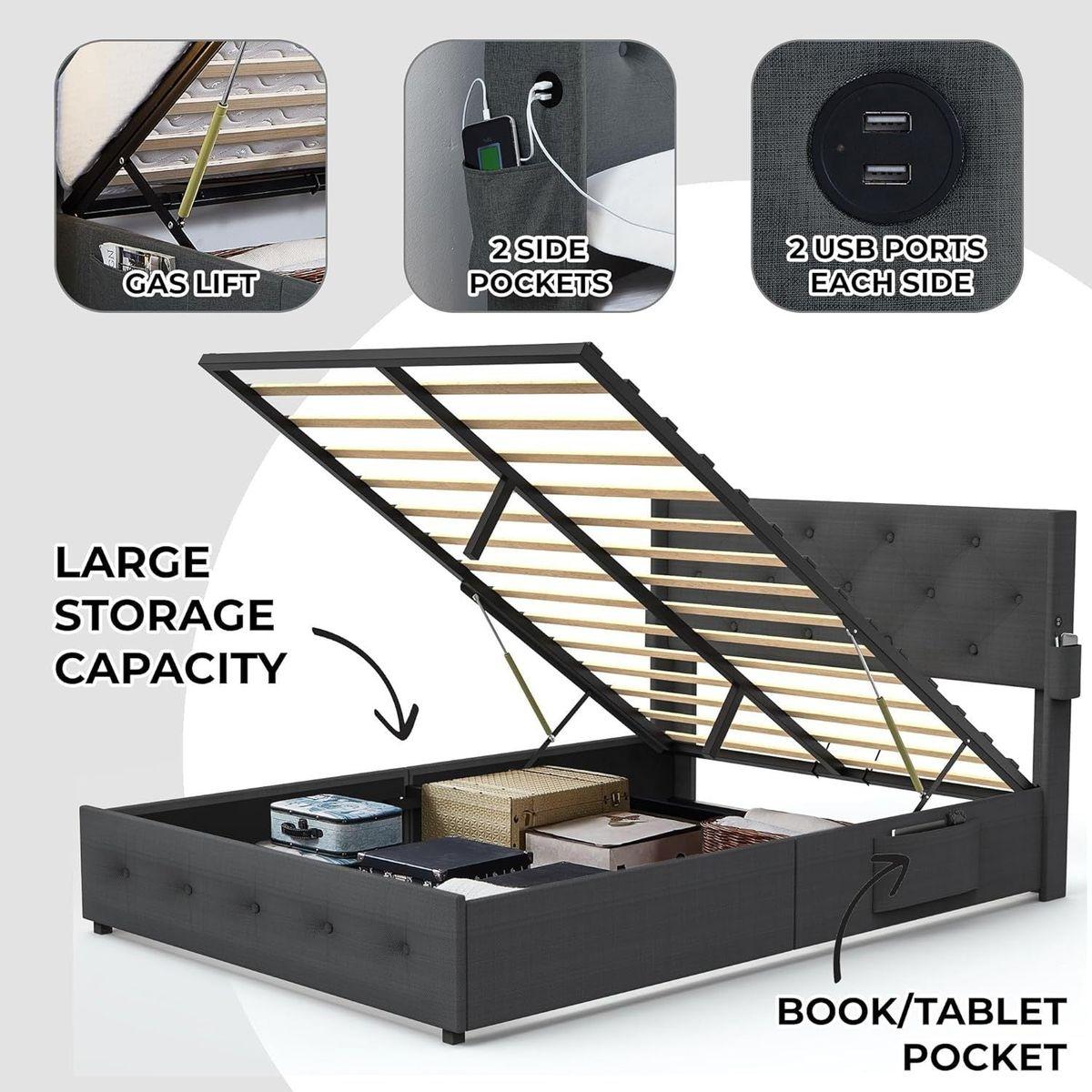 Queen Size Bed Frame with Storage - Lift Up Storage Bed with Modern Wingback Headboard, USB Ports