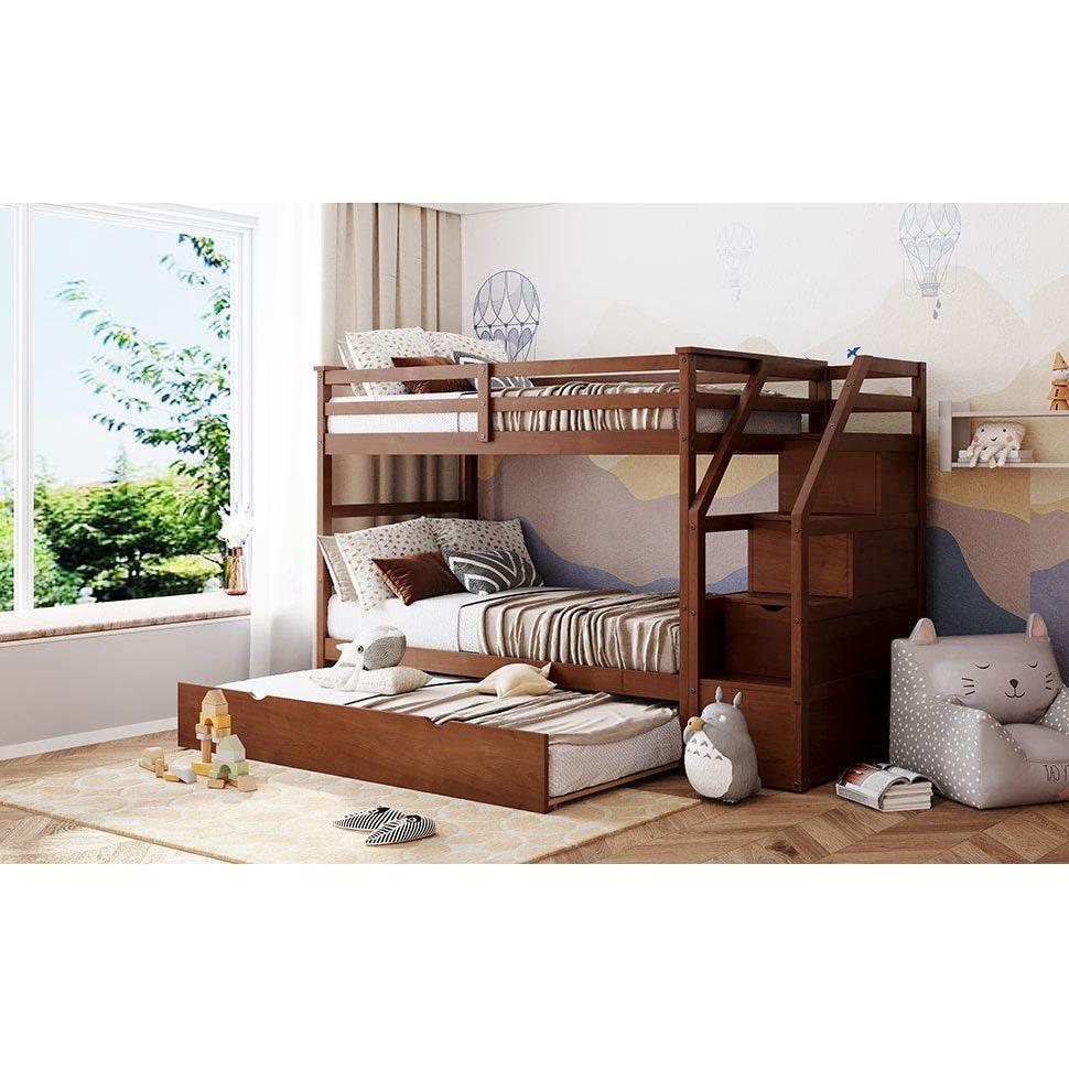 Twin-Over-Twin Bunk Bed with Twin Size Trundle and 3 Storage Stairs,Walnut
